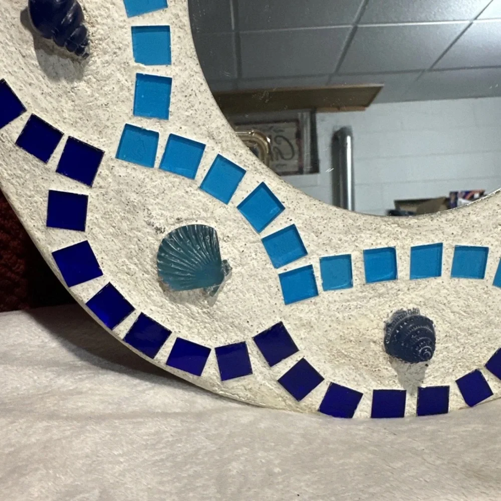 Coastal Mosaic Mirror Seashell Starfish Blue Tile Beach Decor Round Wall Art 12”